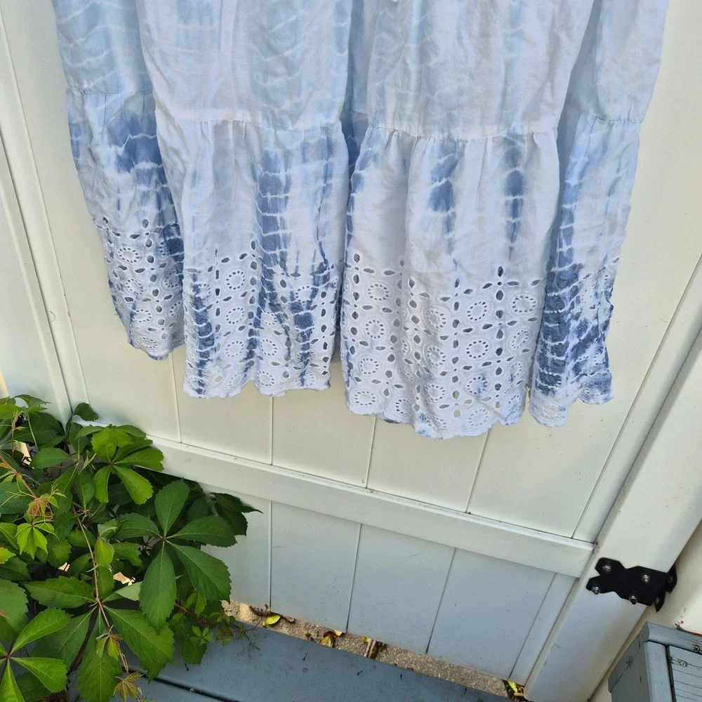 Blue White Tie Dye‎ Tiered Eyelet Hem Midi Skirt Elastic Waist Boho Summer